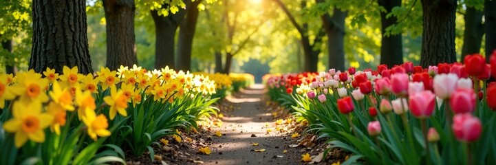 Obraz premium Colorful daffodils and tulips on the winding path in spring, season, blooming, trees