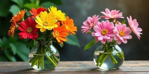 Colorful blooms in large glass vases filled with water and placed on a wooden table, life, abundance, flowers