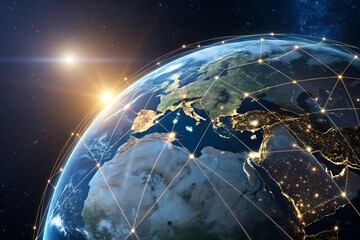 Futuristic Digital Network of Europe: Glowing Blue Connections and High-Tech Communication Grids Representing Global Data Exchange and Network Intelligence