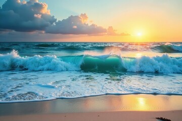 Deep blue ocean waves crashing against a white sandy beach at sunset, oceanfront, beach, peaceful