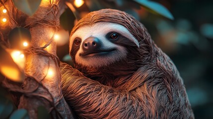 Fototapeta premium Adorable Sloth Reclining on a Tree Branch Surrounded by Lights