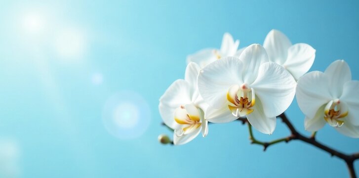 Delicate white orchids against a soothing blue sky, blossoms, soft focus