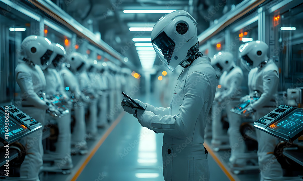 Poster futuristic scene with astronauts in a high-tech environment using devices.