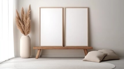 Boho Chic Living Room with Blank Frames and Wooden Bench