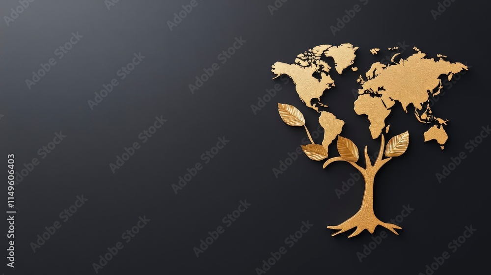 Poster golden tree with world map and leaves on dark background