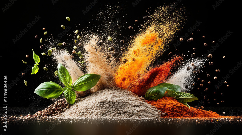 Poster dynamic burst of spices and powders creating colorful explosion