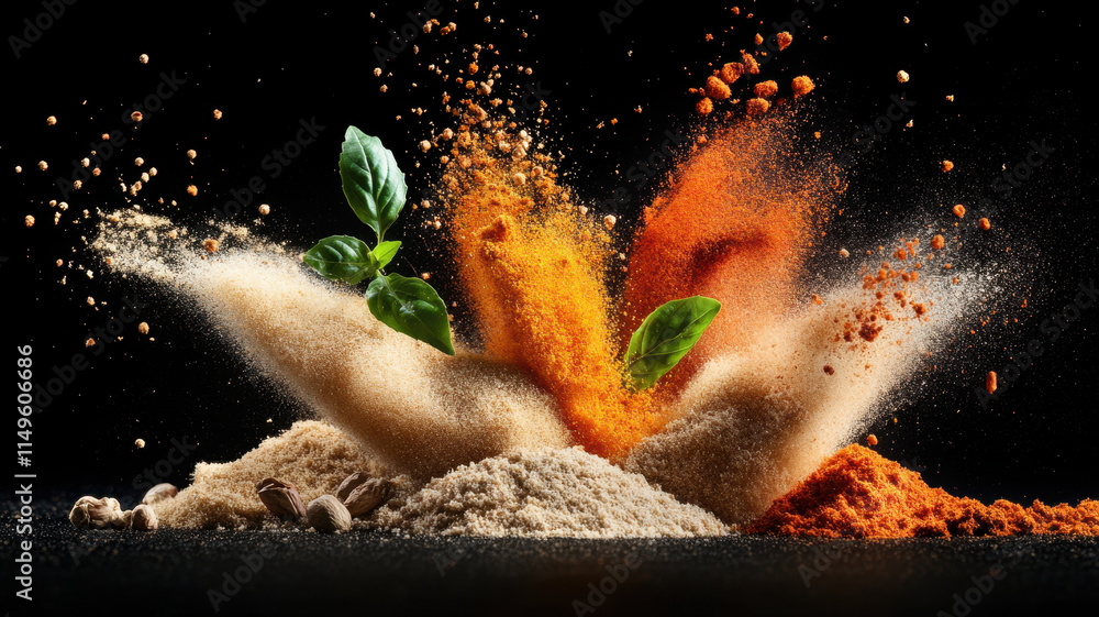 Poster dynamic burst of spices and powders with fresh basil leaves, showcasing vibrant colors and textures