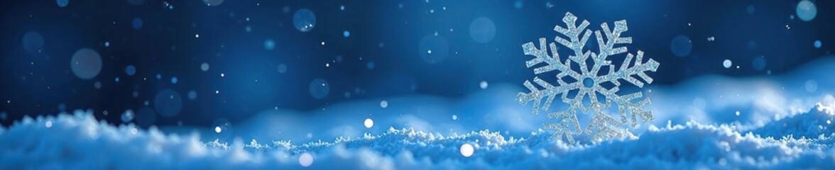 Frosty snowflake decoration on navy blue winter scene, glittering snowflakes, snowy landscape