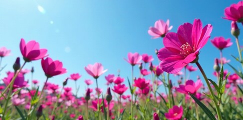 Fuchsia colored flowers of Dianthus gratianopolitanus La Bourboule against a blue sky, la bourboule, spring, dianthus