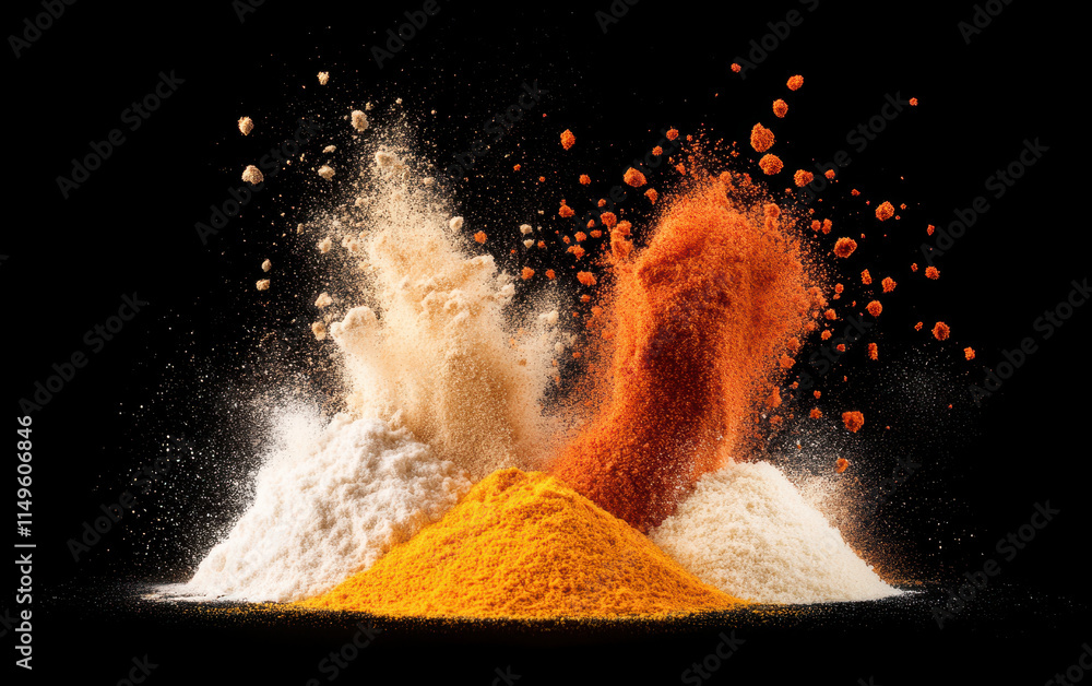 Poster vibrant explosion of colorful spices and powders creates stunning visual display