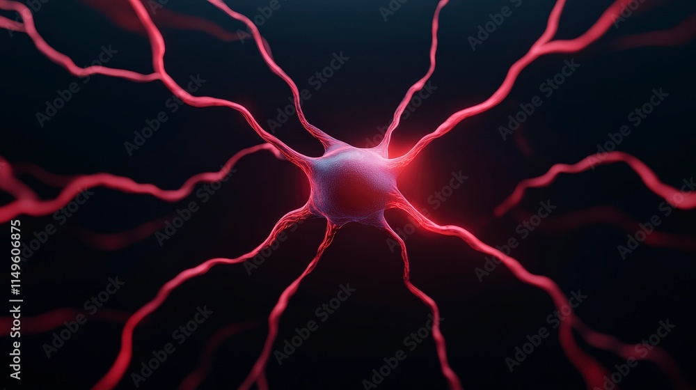 Poster intricate neuron with red axons on dark background in close-up view