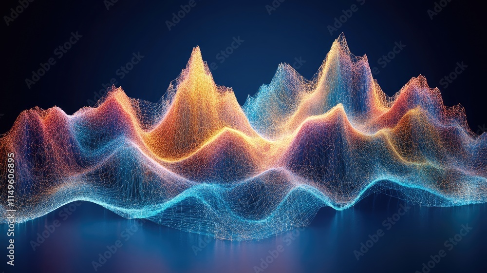 Poster mesmerizing neon wireframe peaks in a 3d landscape with deep violet tones, creating a futuristic dre