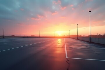 Fototapeta premium An expansive car park illuminated by the warm glow of a sunset, evoking a sense of tranquility and stillness.