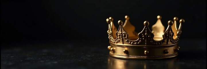Gold crown on a black background with a subtle texture overlay, light, allure, nobility