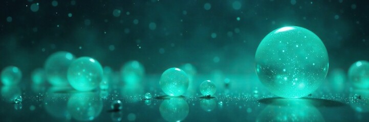Glowing teal liquid shapes against a starry backdrop, luminous orbs, heavenly atmosphere, dark background
