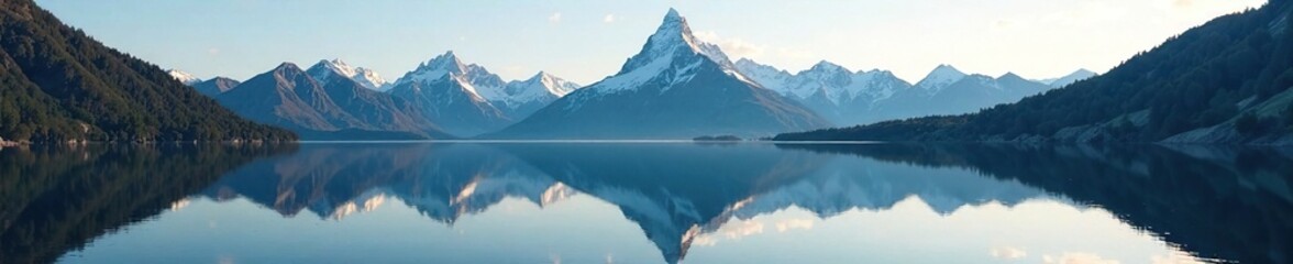 Obraz premium Majestic mountain range reflected in a still lake surface, range, mirror-like