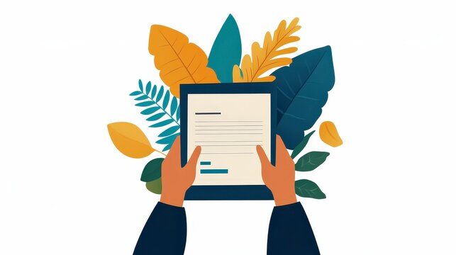 Hands Holding Document Surrounded by Colorful Leaves and Plants