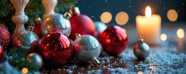 Ornate glass baubles clustered around a frosted candlestick, holiday decoration, mirrored ornamentation, baubles