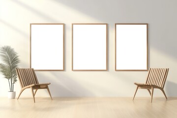 Modern Living Room Interior Design with Mockup Poster Frames and Wooden Armchair