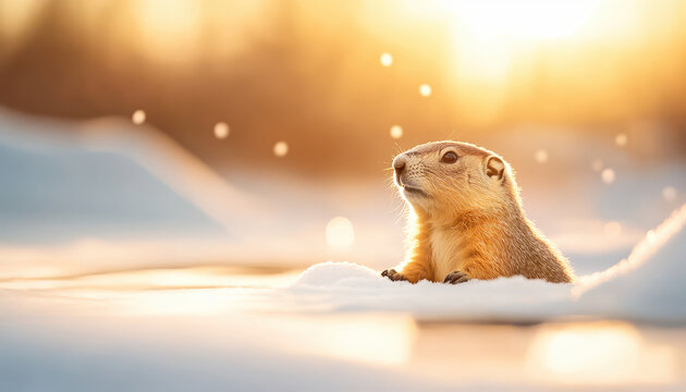 Groundhog sitting in snowy field, basking in warm sunlight, surrounded by soft snowflakes