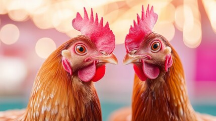 Fototapeta premium Two Colorful Chickens with Vibrant Feathers Against a Soft Background