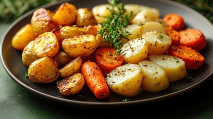 Roasted potatoes and carrots on a dark plate.