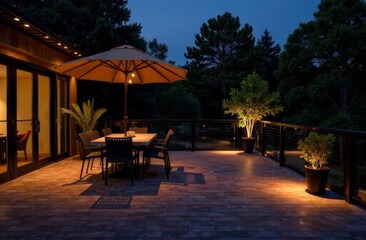 Interior of cottage veranda at dusk with lighting and lanterns.