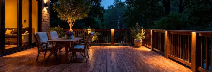 Interior of cottage veranda at dusk with lighting and lanterns.