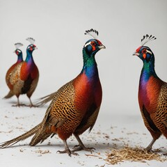 Fototapeta premium A group of pheasants in various poses, each showing unique angles of their colorful plumage, on a white background.