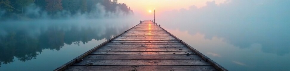 Fototapeta premium A pier's wooden slats glisten in the foggy water, reflection, stillness