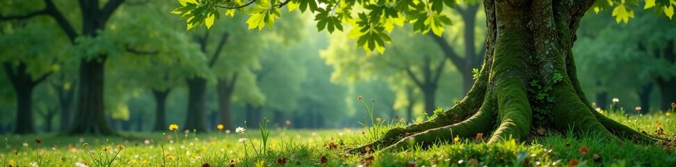 A small oak tree with moss covered trunk and branches, greenery, forest landscape