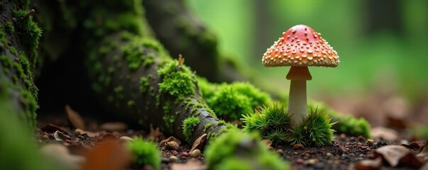 A small, solitary mushroom grows at the base of a conifer cone, forest, tree root
