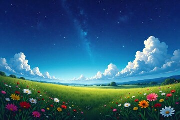 Obraz premium A vast open field with wildflowers and a bright blue sky under a starry night, sky, clouds, open