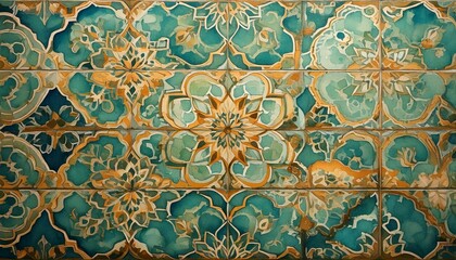 Watercolor Moroccan tiles with intricate patterns in teal, gold, and ochre tones