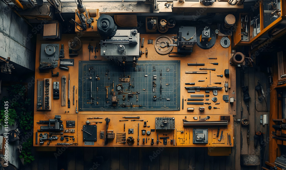 Poster aerial view of a workshop table filled with various tools and machinery for crafting.