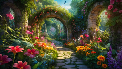 Fototapeta premium Whimsical digital painting showcasing an enchanted landscape with magical elements