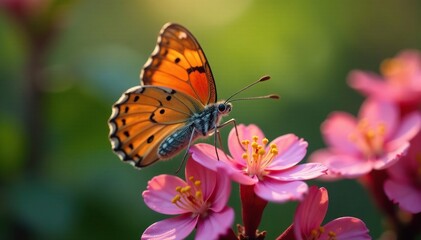 Obraz premium Delicate copper-colored butterfly perched on a vibrant tree blossom, petal, copper lycaena phlaeas butterfly, leaf