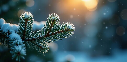 delicate fir branches with frozen needles glowing softly, serene, glow, warm