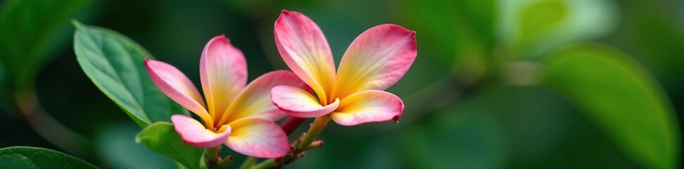 Fototapeta premium Delicate plumeria petals on a green stem with lush leaves, petals, green
