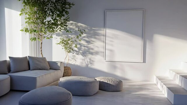 Bright and minimalistic interior design showcasing cozy seating and natural light