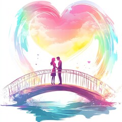 A romantic couple shares a moment on a bridge with a colorful heart backdrop.