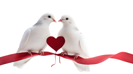 Two doves holding a heart ribbon, isolated on white 