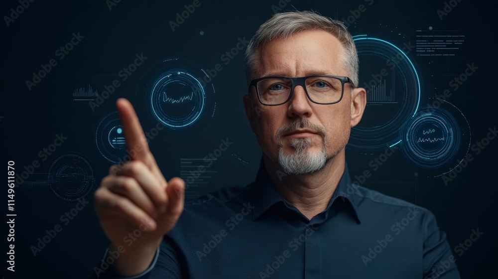 Poster professional man interacting with digital interface and graphs