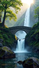 misty morning veil surrounds ancient stone bridge with small waterfall, stone, landscape, waterfall