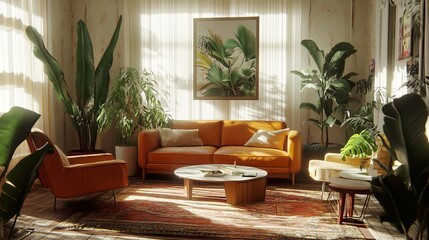 Sunlit Living Room with Tropical Plants and Mid-Century Modern Furniture