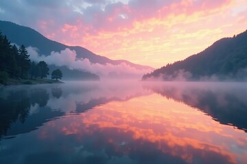 Misty lake at dawn with foggy water and a reflection of the sky in the calm surface, morning stillness, fog