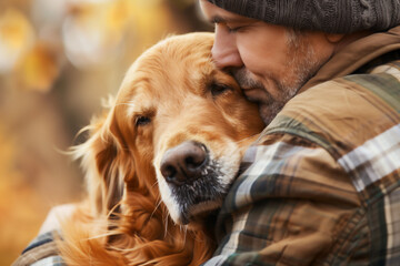 man hugging dog golden retriever