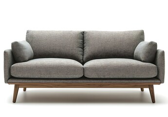 Modern gray fabric sofa with wooden legs isolated on white background.