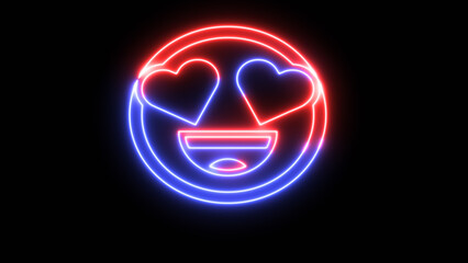 Emoticon Love It Neon Signs Style Text Vector for social media. Love smile with heart eye light glowing symbol in circle frame. Emoticon element of UI design for web, promotion, advertisement.