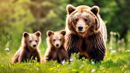 Obraz premium female brown bear and her cubs, Brown bear, mother and two cubs on green field Wild animals in summer nature